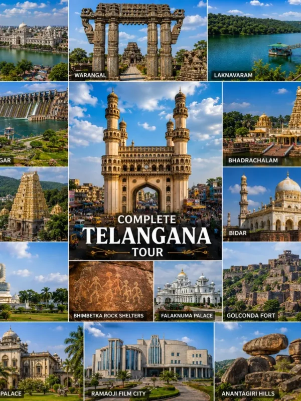 Complete Telangana Tour Package featuring Charminar, Ramappa Temple, Warangal Fort, Laknavaram Lake, Srisailam Temple and Nagarjuna Sagar Dam.