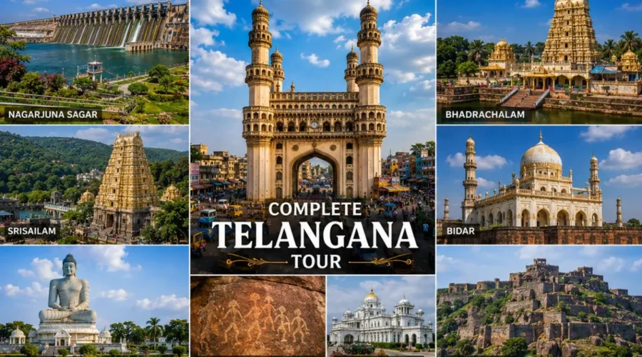 Complete Telangana Tour Package featuring Charminar, Ramappa Temple, Warangal Fort, Laknavaram Lake, Srisailam Temple and Nagarjuna Sagar Dam.