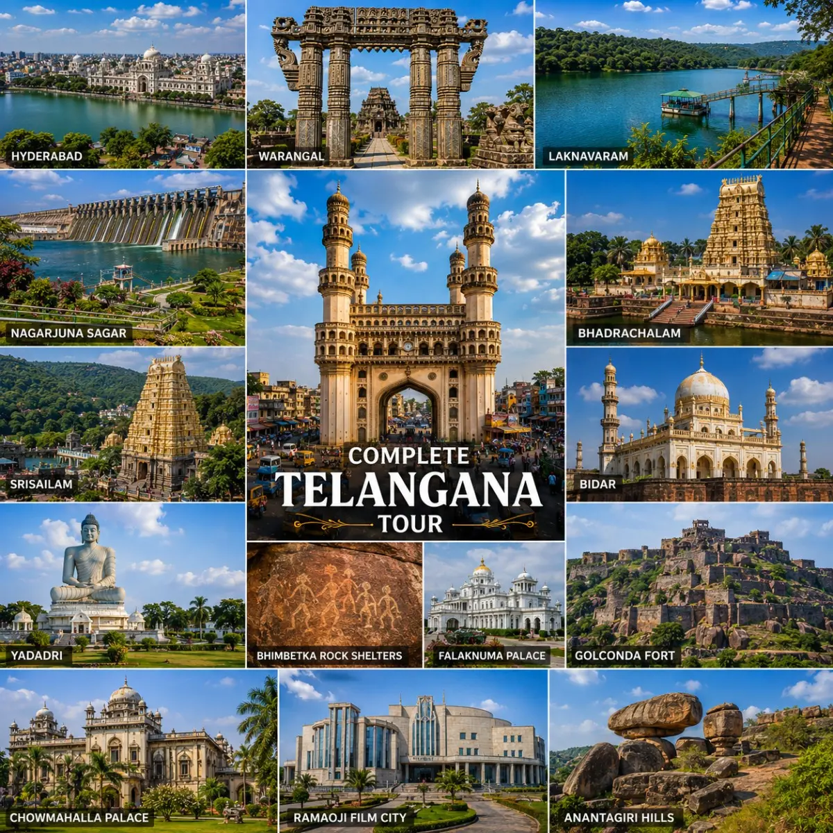 Complete Telangana Tour Package featuring Charminar, Ramappa Temple, Warangal Fort, Laknavaram Lake, Srisailam Temple and Nagarjuna Sagar Dam.