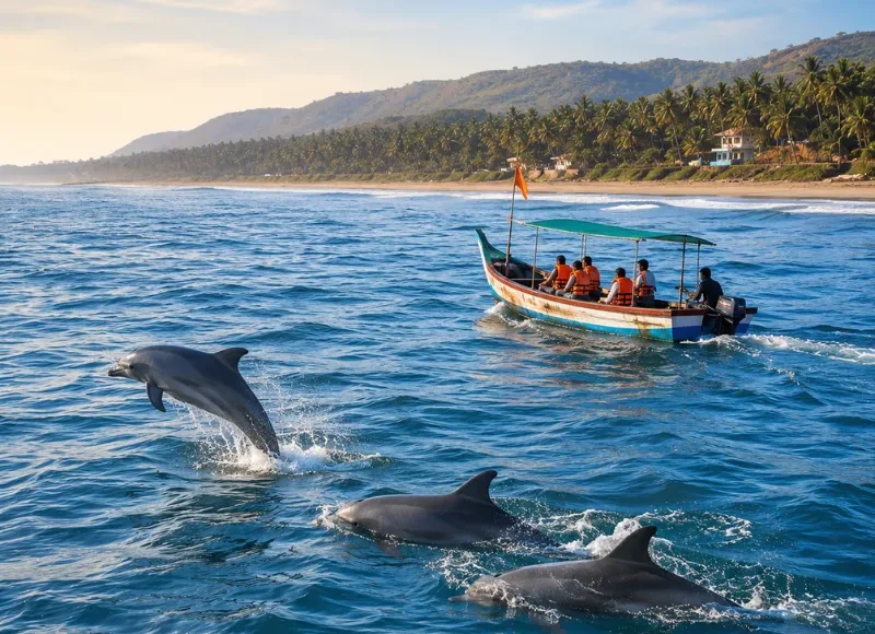 Dapoli Anjarle and Karde dolphin safari tour with Konkan beaches, fishing boats and scenic Arabian Sea coastline