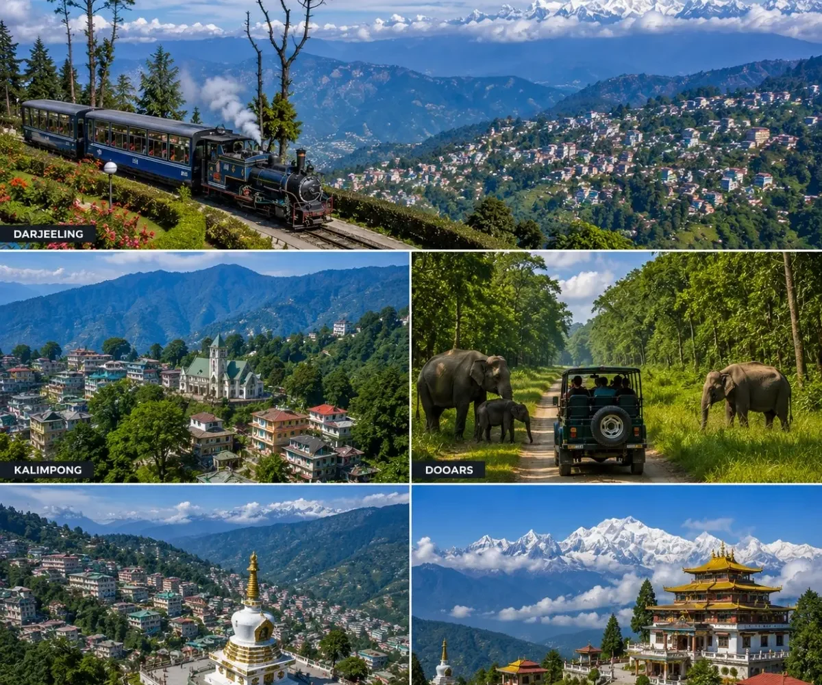 Darjeeling, Kalimpong, Dooars, Gangtok & Pelling Tour Package featuring Tiger Hill, tea gardens, Dooars forests, Tsomgo Lake and Kanchenjunga views