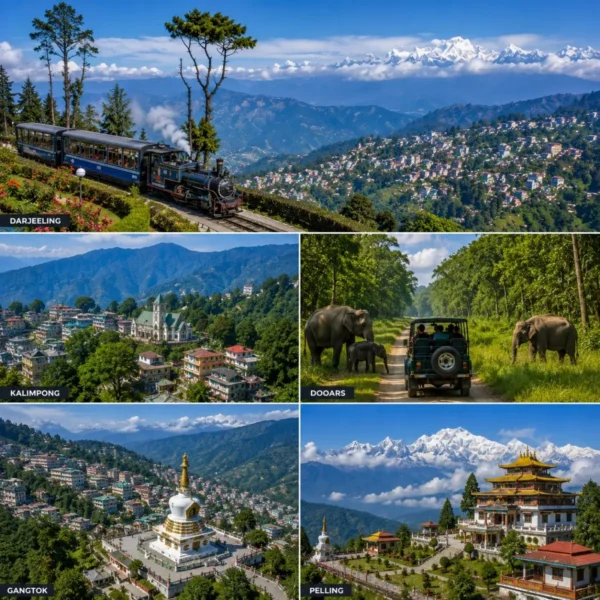 Darjeeling, Kalimpong, Dooars, Gangtok & Pelling Tour Package featuring Tiger Hill, tea gardens, Dooars forests, Tsomgo Lake and Kanchenjunga views