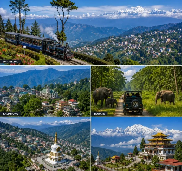 Darjeeling, Kalimpong, Dooars, Gangtok & Pelling Tour Package featuring Tiger Hill, tea gardens, Dooars forests, Tsomgo Lake and Kanchenjunga views