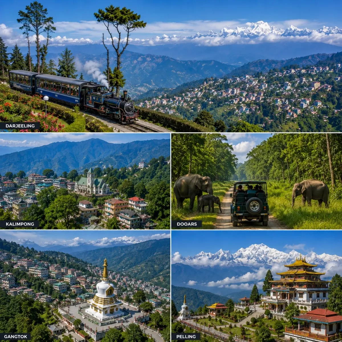 Darjeeling, Kalimpong, Dooars, Gangtok & Pelling Tour Package featuring Tiger Hill, tea gardens, Dooars forests, Tsomgo Lake and Kanchenjunga views