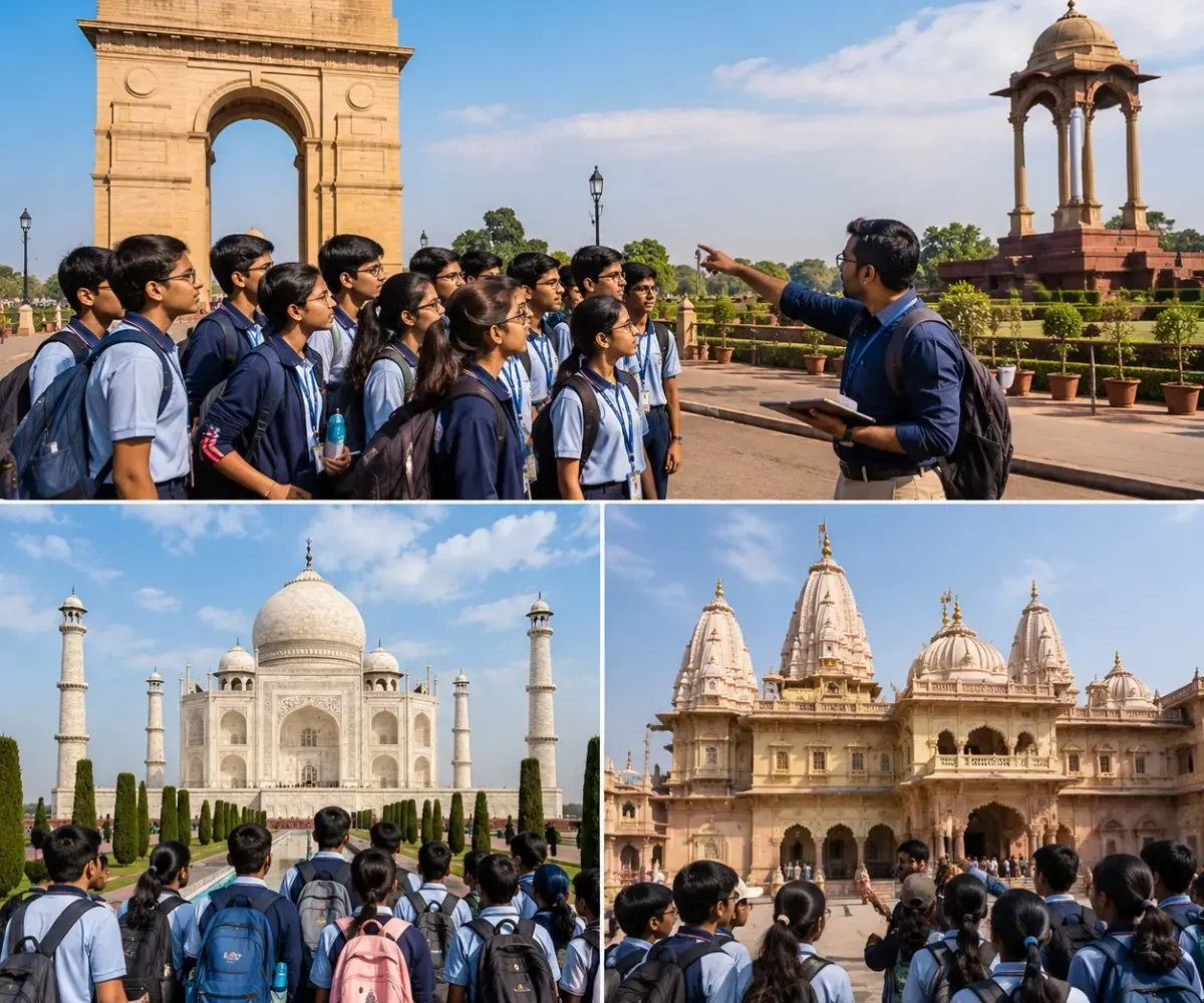 Delhi Agra Mathura Student Tour Package featuring the Taj Mahal, Red Fort, India Gate, Qutub Minar, Mathura and educational heritage attractions.