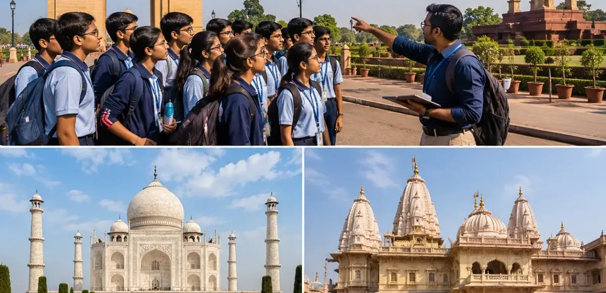 Delhi Agra Mathura Student Tour Package featuring the Taj Mahal, Red Fort, India Gate, Qutub Minar, Mathura and educational heritage attractions.