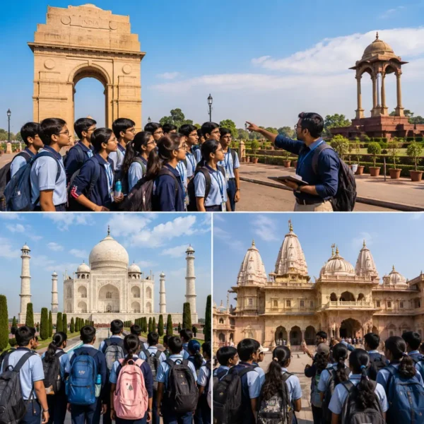Delhi Agra Mathura Student Tour Package featuring the Taj Mahal, Red Fort, India Gate, Qutub Minar, Mathura and educational heritage attractions.