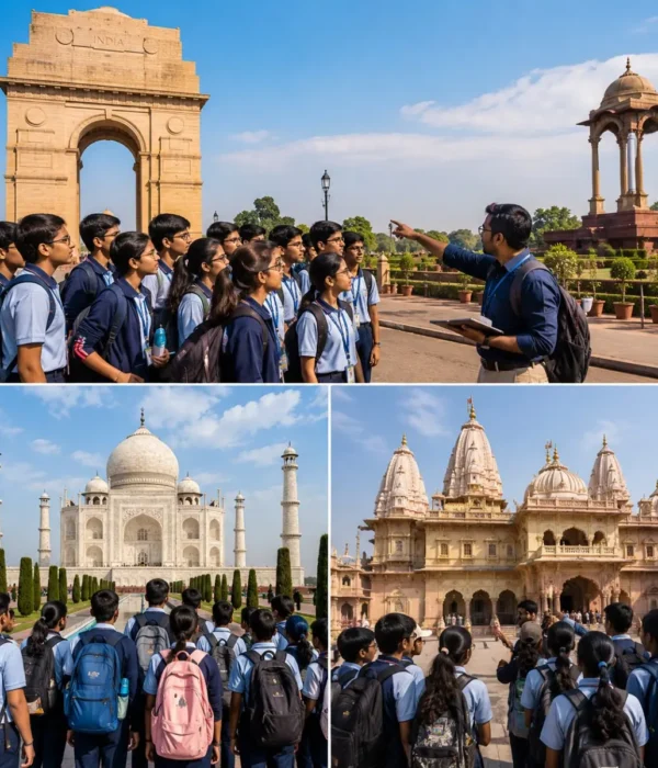 Delhi Agra Mathura Student Tour Package featuring the Taj Mahal, Red Fort, India Gate, Qutub Minar, Mathura and educational heritage attractions.