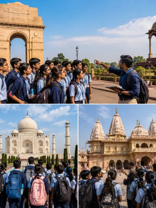 Delhi Agra Mathura Student Tour Package featuring the Taj Mahal, Red Fort, India Gate, Qutub Minar, Mathura and educational heritage attractions.