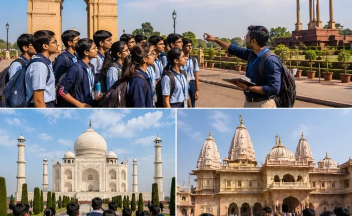 Delhi Agra Mathura Student Tour Package featuring the Taj Mahal, Red Fort, India Gate, Qutub Minar, Mathura and educational heritage attractions.