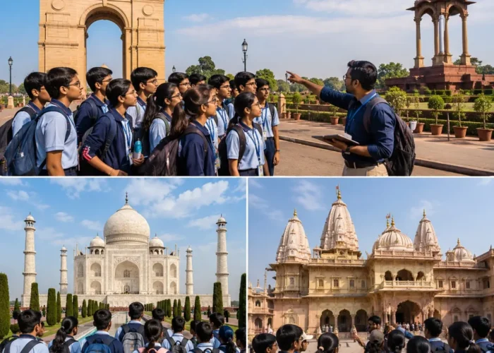 Delhi Agra Mathura Student Tour Package featuring the Taj Mahal, Red Fort, India Gate, Qutub Minar, Mathura and educational heritage attractions.