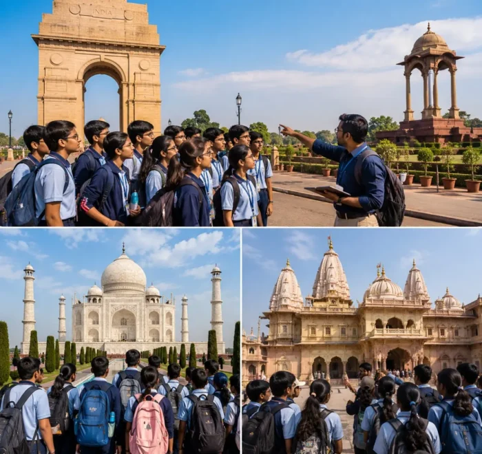 Delhi Agra Mathura Student Tour Package featuring the Taj Mahal, Red Fort, India Gate, Qutub Minar, Mathura and educational heritage attractions.