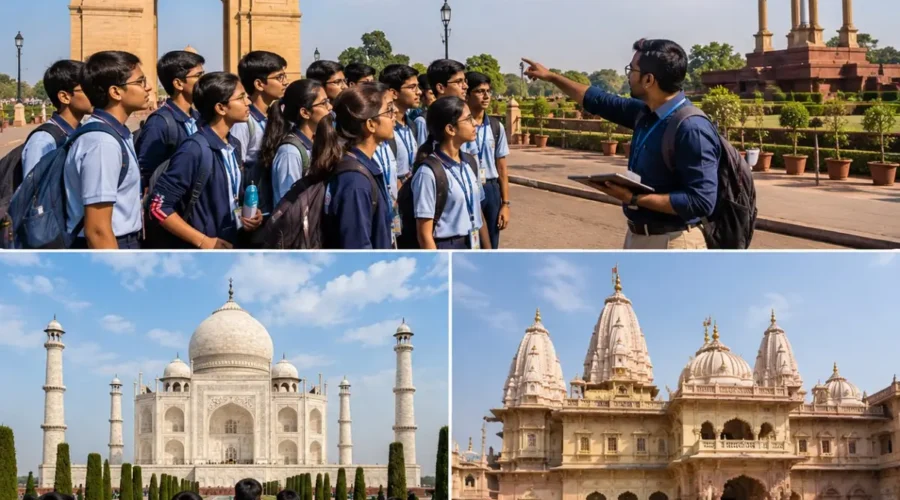 Delhi Agra Mathura Student Tour Package featuring the Taj Mahal, Red Fort, India Gate, Qutub Minar, Mathura and educational heritage attractions.