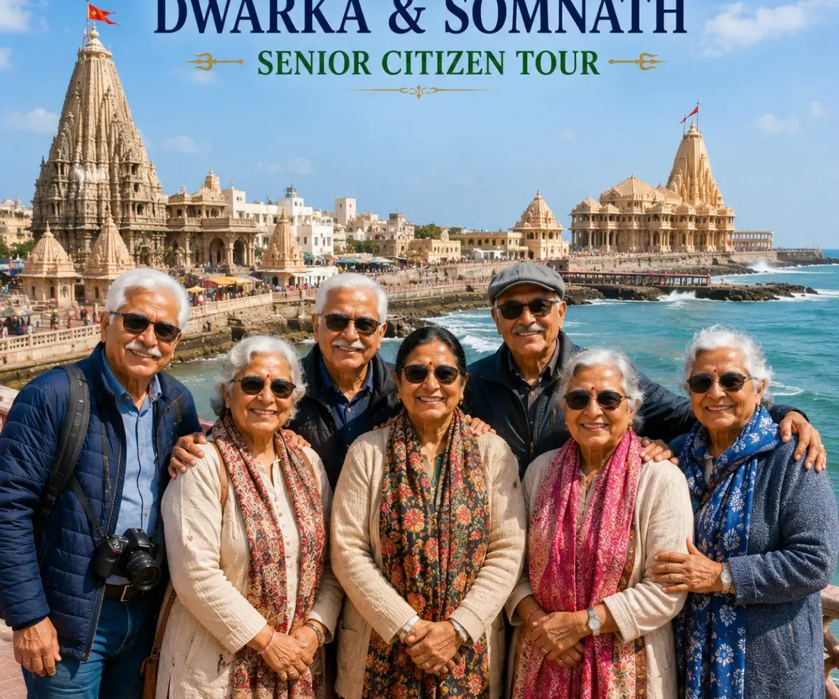 Dwarka Somnath Senior Citizen Tour Package featuring Dwarkadhish Temple, Somnath Jyotirlinga, Bet Dwarka, Arabian Sea and peaceful pilgrimage experiences.