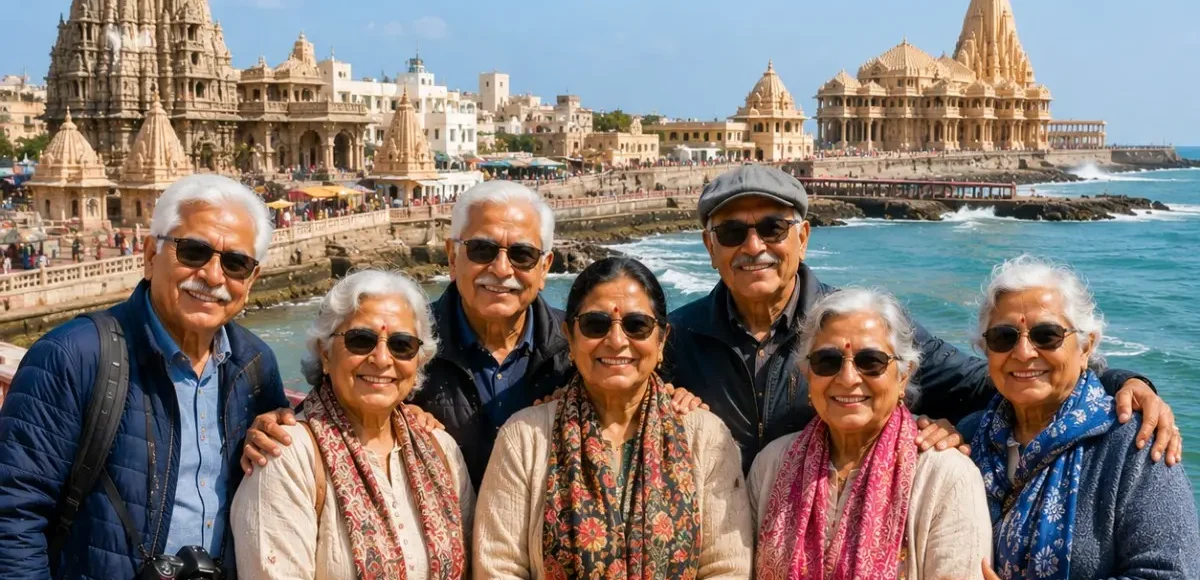 Dwarka Somnath Senior Citizen Tour Package featuring Dwarkadhish Temple, Somnath Jyotirlinga, Bet Dwarka, Arabian Sea and peaceful pilgrimage experiences.