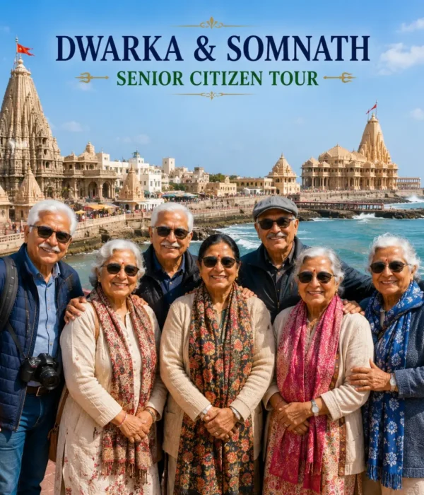 Dwarka Somnath Senior Citizen Tour Package featuring Dwarkadhish Temple, Somnath Jyotirlinga, Bet Dwarka, Arabian Sea and peaceful pilgrimage experiences.