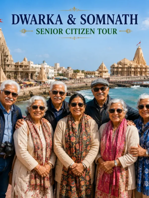 Dwarka Somnath Senior Citizen Tour Package featuring Dwarkadhish Temple, Somnath Jyotirlinga, Bet Dwarka, Arabian Sea and peaceful pilgrimage experiences.