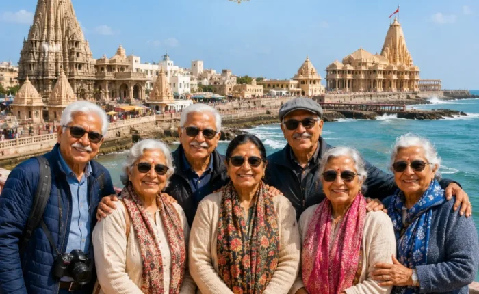 Dwarka Somnath Senior Citizen Tour Package featuring Dwarkadhish Temple, Somnath Jyotirlinga, Bet Dwarka, Arabian Sea and peaceful pilgrimage experiences.