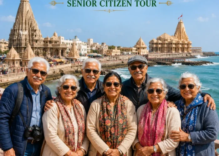 Dwarka Somnath Senior Citizen Tour Package featuring Dwarkadhish Temple, Somnath Jyotirlinga, Bet Dwarka, Arabian Sea and peaceful pilgrimage experiences.
