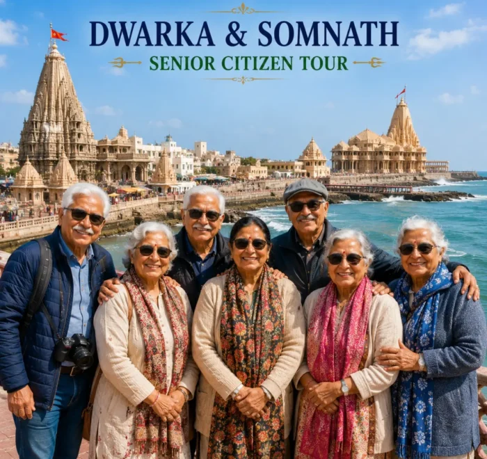 Dwarka Somnath Senior Citizen Tour Package featuring Dwarkadhish Temple, Somnath Jyotirlinga, Bet Dwarka, Arabian Sea and peaceful pilgrimage experiences.