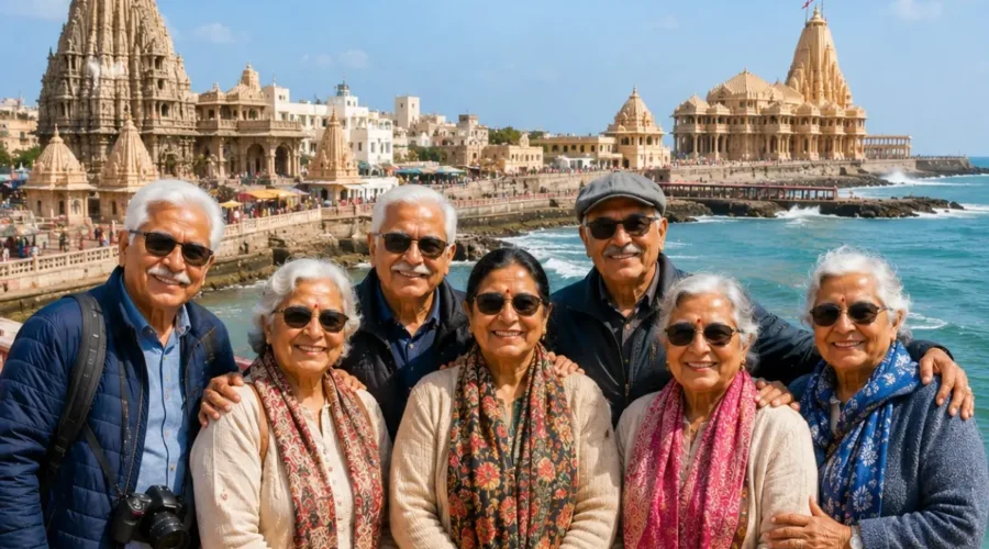 Dwarka Somnath Senior Citizen Tour Package featuring Dwarkadhish Temple, Somnath Jyotirlinga, Bet Dwarka, Arabian Sea and peaceful pilgrimage experiences.
