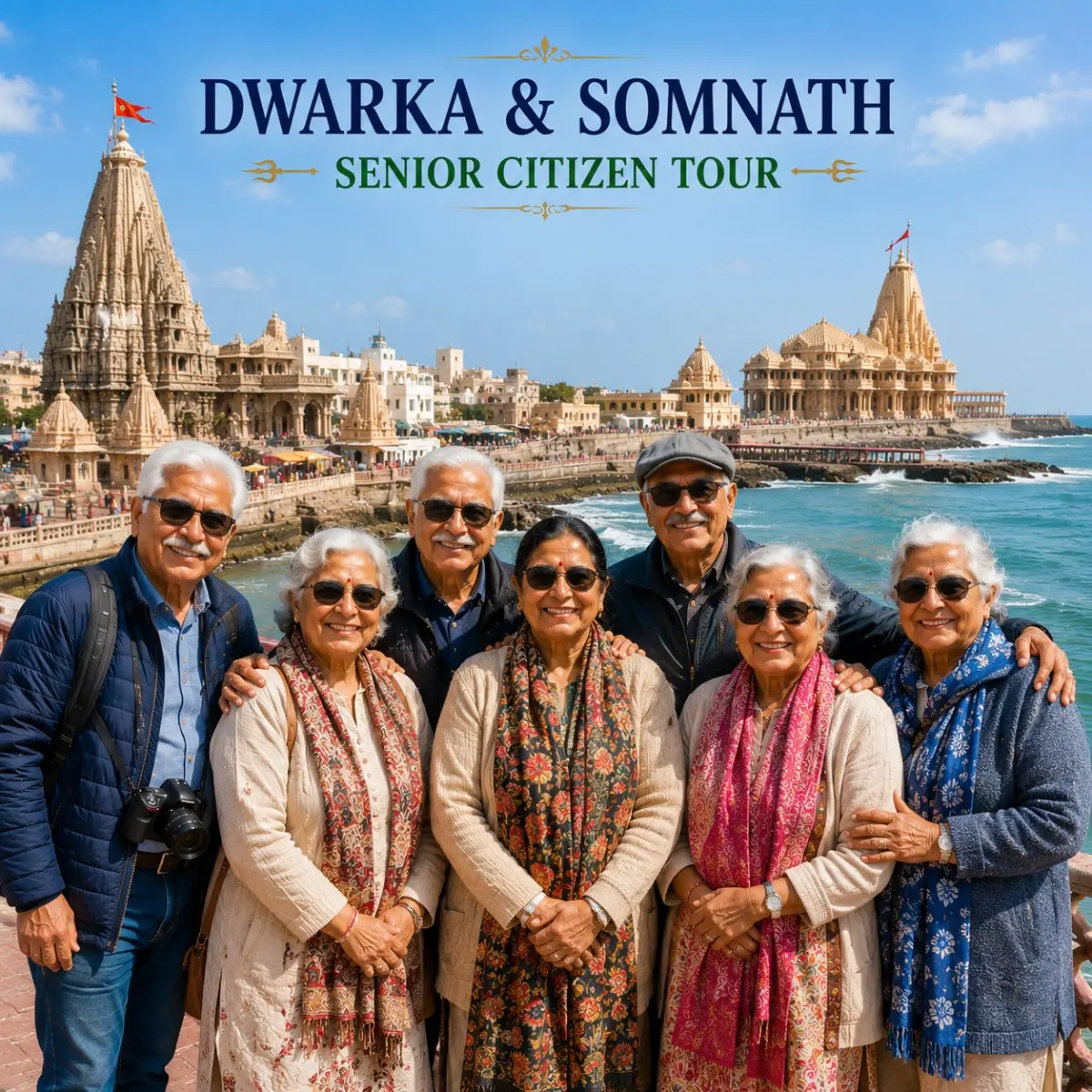 Dwarka Somnath Senior Citizen Tour Package featuring Dwarkadhish Temple, Somnath Jyotirlinga, Bet Dwarka, Arabian Sea and peaceful pilgrimage experiences.