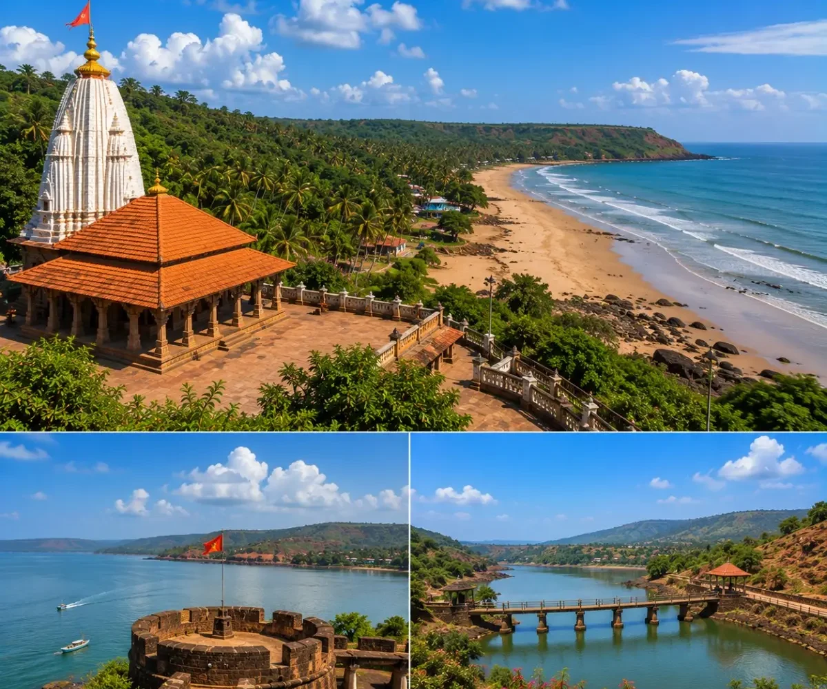 Ganpatipule Ratnagiri Pawas Tour Package featuring Ganpatipule Temple, Ratnadurg Fort, Pawas Swami Swaroopanand Ashram, Aare Ware Beach and the Konkan coastline.