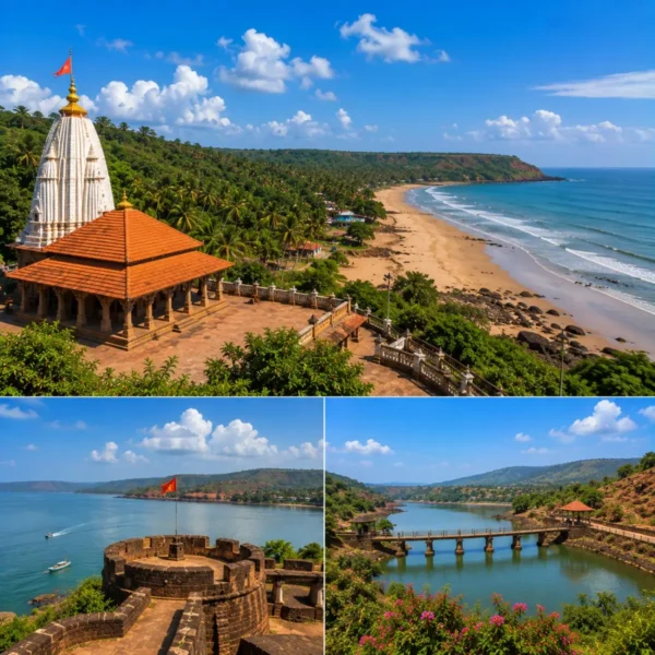 Ganpatipule Ratnagiri Pawas Tour Package featuring Ganpatipule Temple, Ratnadurg Fort, Pawas Swami Swaroopanand Ashram, Aare Ware Beach and the Konkan coastline.