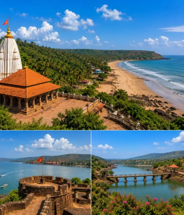 Ganpatipule Ratnagiri Pawas Tour Package featuring Ganpatipule Temple, Ratnadurg Fort, Pawas Swami Swaroopanand Ashram, Aare Ware Beach and the Konkan coastline.