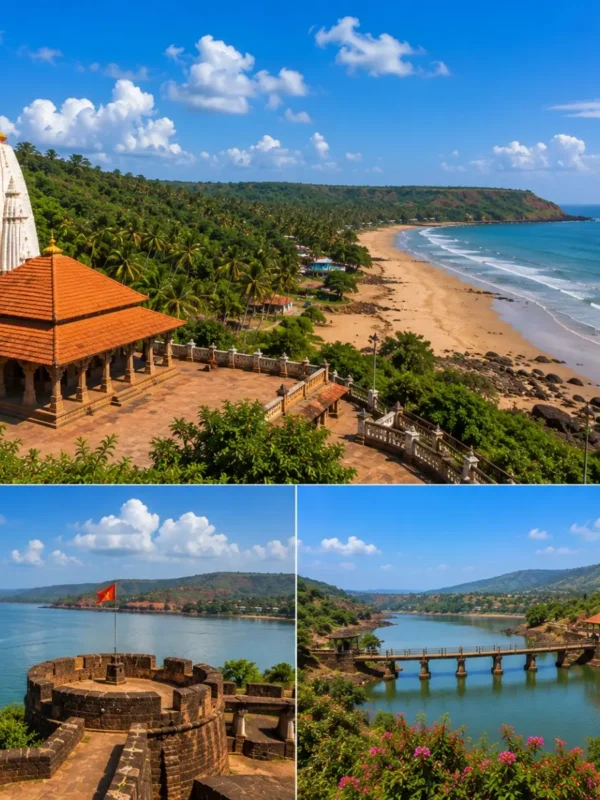 Ganpatipule Ratnagiri Pawas Tour Package featuring Ganpatipule Temple, Ratnadurg Fort, Pawas Swami Swaroopanand Ashram, Aare Ware Beach and the Konkan coastline.