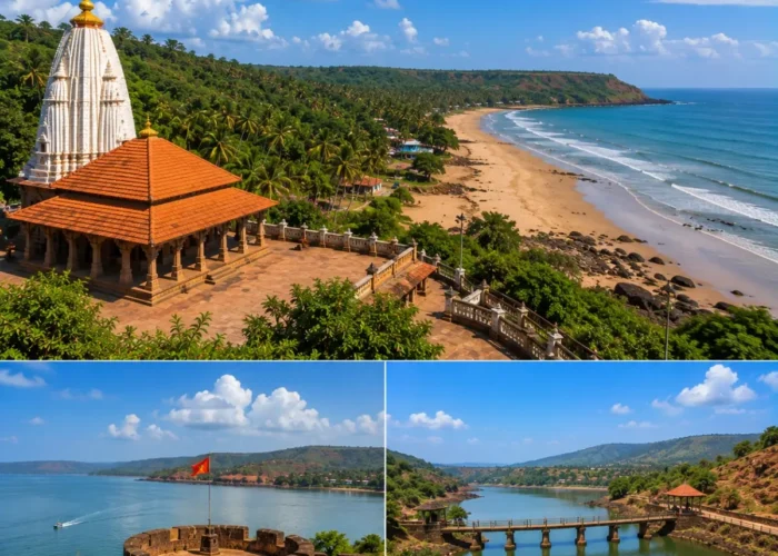 Ganpatipule Ratnagiri Pawas Tour Package featuring Ganpatipule Temple, Ratnadurg Fort, Pawas Swami Swaroopanand Ashram, Aare Ware Beach and the Konkan coastline.