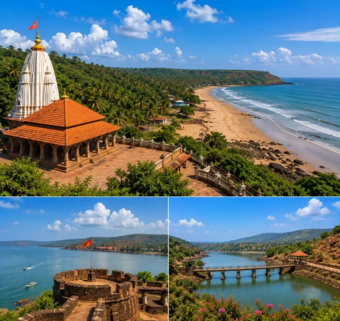 Ganpatipule Ratnagiri Pawas Tour Package featuring Ganpatipule Temple, Ratnadurg Fort, Pawas Swami Swaroopanand Ashram, Aare Ware Beach and the Konkan coastline.