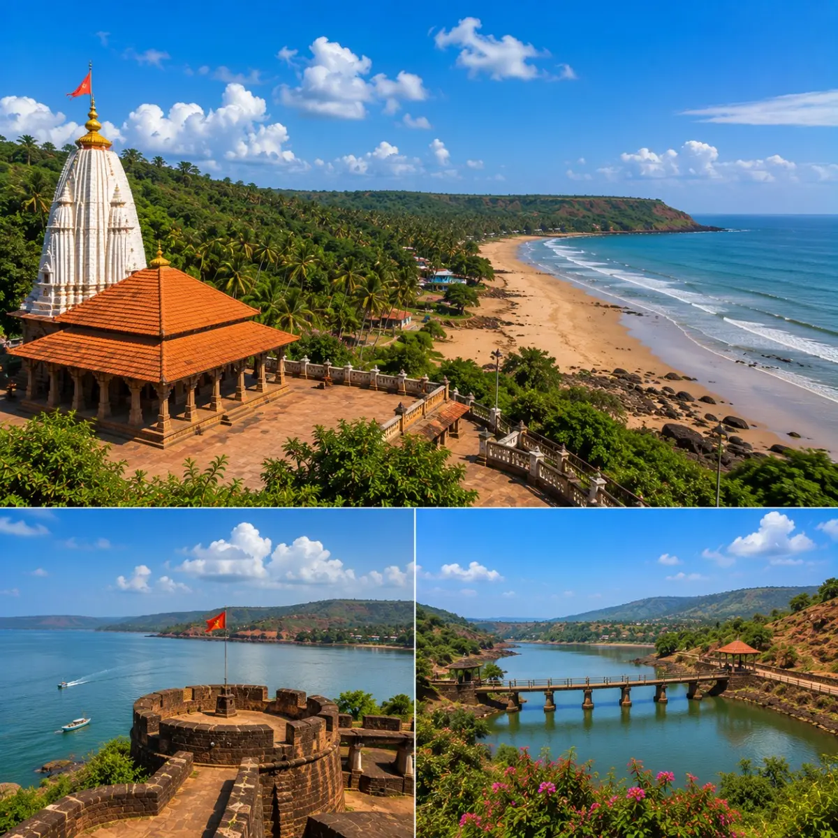 Ganpatipule Ratnagiri Pawas Tour Package featuring Ganpatipule Temple, Ratnadurg Fort, Pawas Swami Swaroopanand Ashram, Aare Ware Beach and the Konkan coastline.
