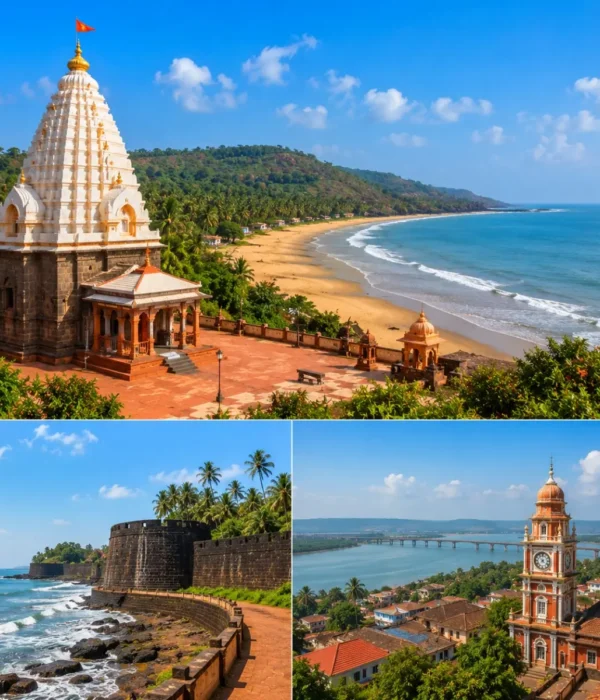 Ganpatipule Ratnagiri Tour Package featuring Ganpatipule Beach, Ganpati Temple, Ratnadurg Fort, Aare Ware Beach and the scenic Konkan coastline.