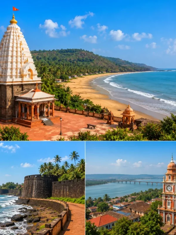 Ganpatipule Ratnagiri Tour Package featuring Ganpatipule Beach, Ganpati Temple, Ratnadurg Fort, Aare Ware Beach and the scenic Konkan coastline.