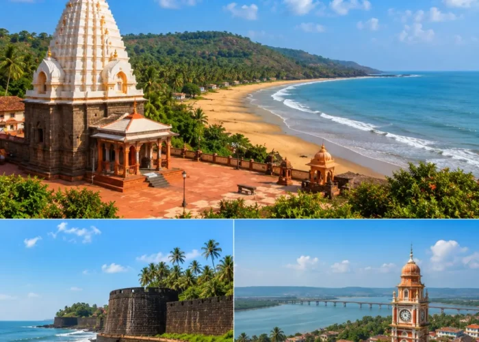 Ganpatipule Ratnagiri Tour Package featuring Ganpatipule Beach, Ganpati Temple, Ratnadurg Fort, Aare Ware Beach and the scenic Konkan coastline.