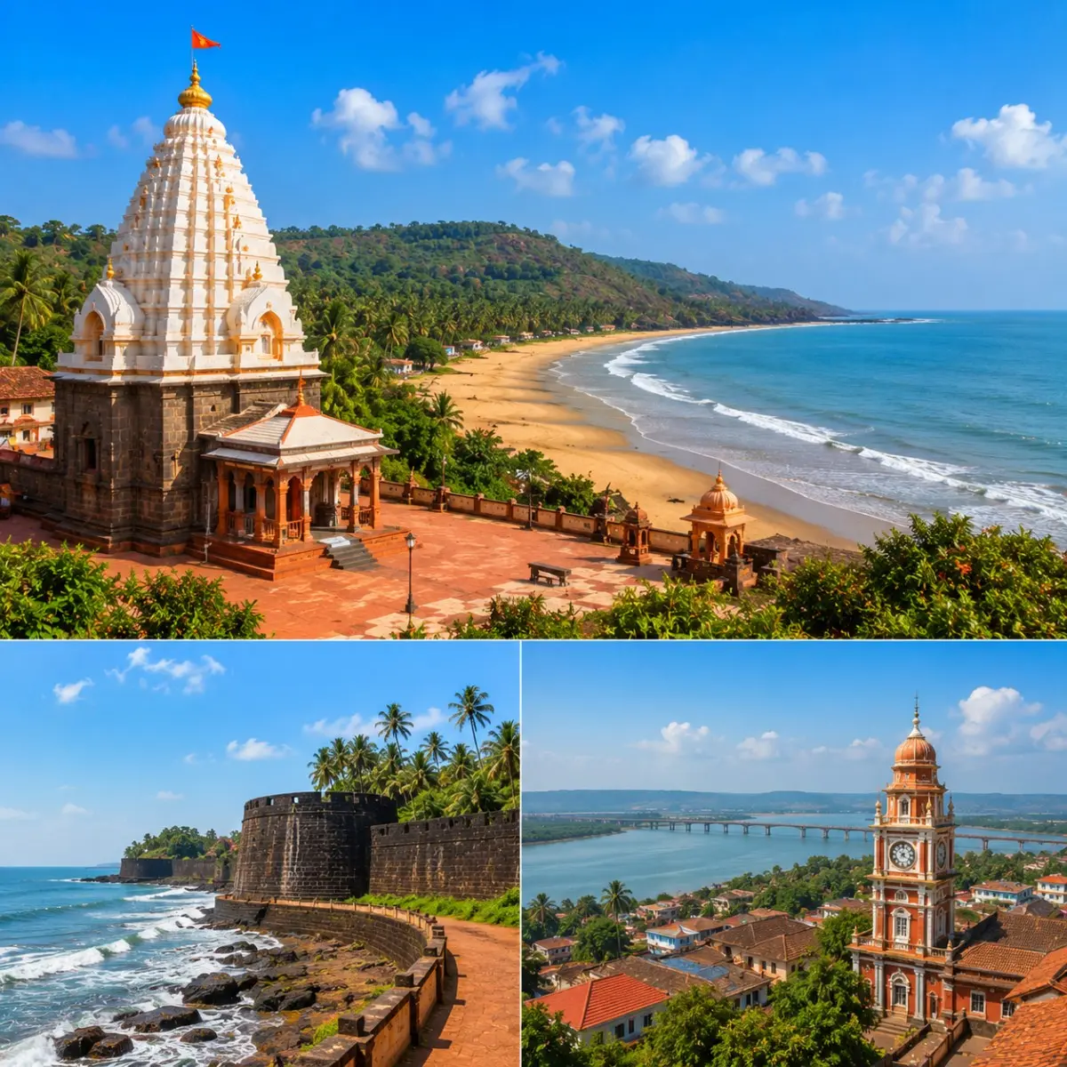Ganpatipule Ratnagiri Tour Package featuring Ganpatipule Beach, Ganpati Temple, Ratnadurg Fort, Aare Ware Beach and the scenic Konkan coastline.