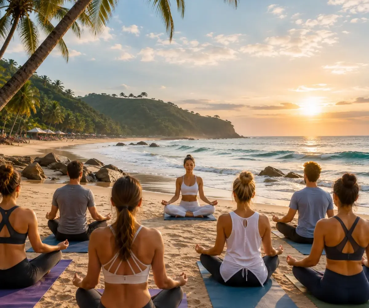 Goa Beach Yoga Tour Package featuring sunrise beach yoga, meditation, Ayurveda, palm-lined beaches and wellness retreats in Goa.