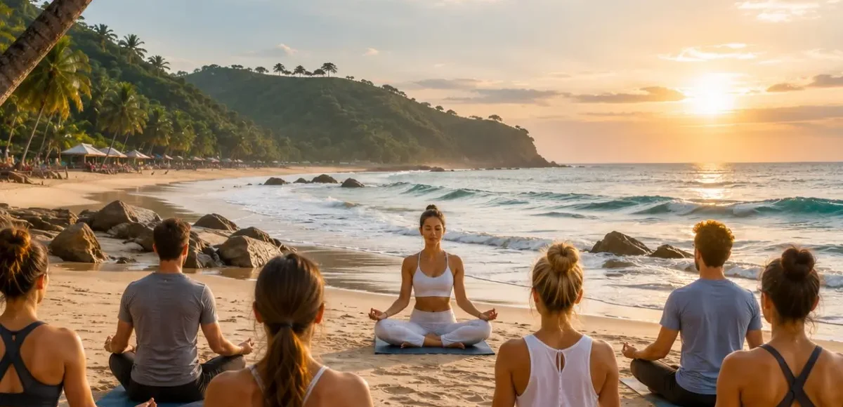 Goa Beach Yoga Tour Package featuring sunrise beach yoga, meditation, Ayurveda, palm-lined beaches and wellness retreats in Goa.