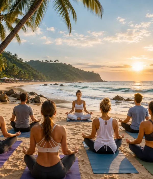 Goa Beach Yoga Tour Package featuring sunrise beach yoga, meditation, Ayurveda, palm-lined beaches and wellness retreats in Goa.