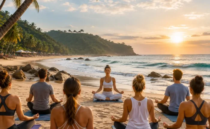Goa Beach Yoga Tour Package featuring sunrise beach yoga, meditation, Ayurveda, palm-lined beaches and wellness retreats in Goa.