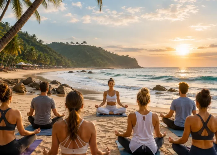 Goa Beach Yoga Tour Package featuring sunrise beach yoga, meditation, Ayurveda, palm-lined beaches and wellness retreats in Goa.