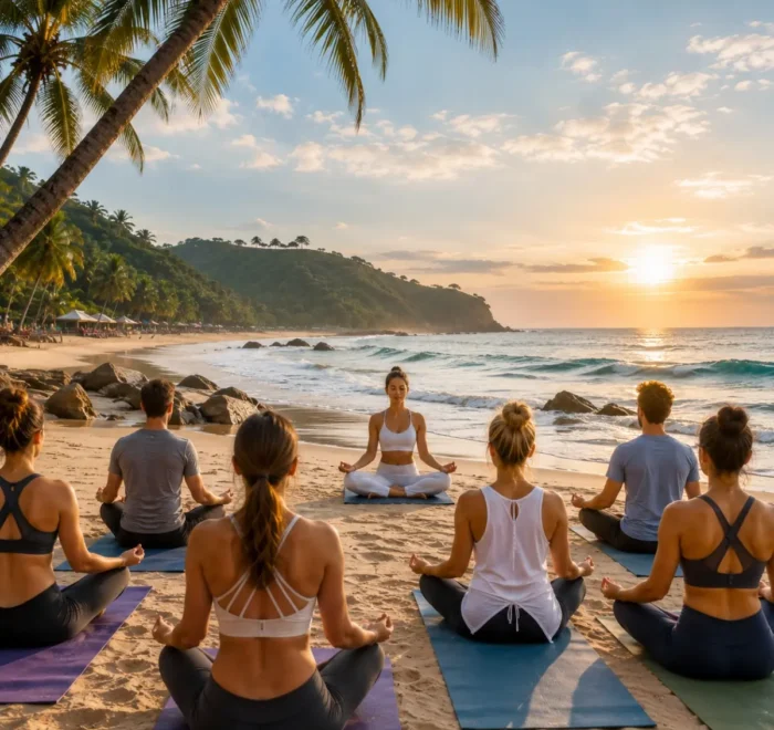 Goa Beach Yoga Tour Package featuring sunrise beach yoga, meditation, Ayurveda, palm-lined beaches and wellness retreats in Goa.