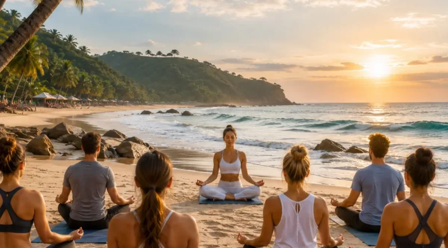 Goa Beach Yoga Tour Package featuring sunrise beach yoga, meditation, Ayurveda, palm-lined beaches and wellness retreats in Goa.