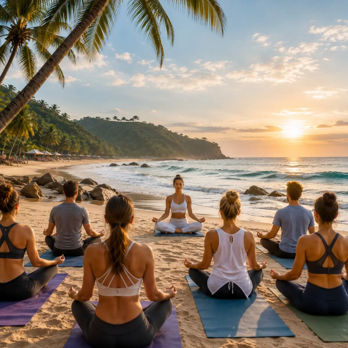 Goa Beach Yoga Tour Package featuring sunrise beach yoga, meditation, Ayurveda, palm-lined beaches and wellness retreats in Goa.