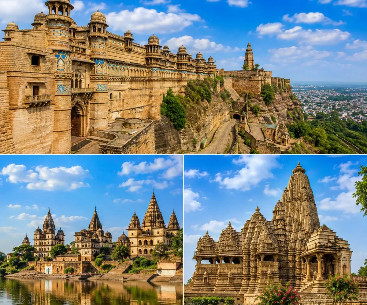 Gwalior Orchha Khajuraho Tour Package featuring Gwalior Fort, Orchha Fort Complex, Raja Ram Temple and Khajuraho Temples.