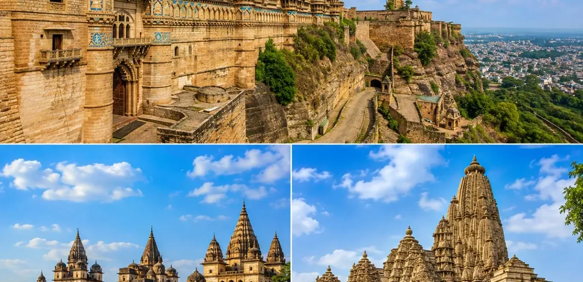 Gwalior Orchha Khajuraho Tour Package featuring Gwalior Fort, Orchha Fort Complex, Raja Ram Temple and Khajuraho Temples.