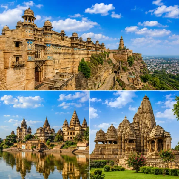 Gwalior Orchha Khajuraho Tour Package featuring Gwalior Fort, Orchha Fort Complex, Raja Ram Temple and Khajuraho Temples.