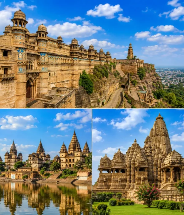 Gwalior Orchha Khajuraho Tour Package featuring Gwalior Fort, Orchha Fort Complex, Raja Ram Temple and Khajuraho Temples.