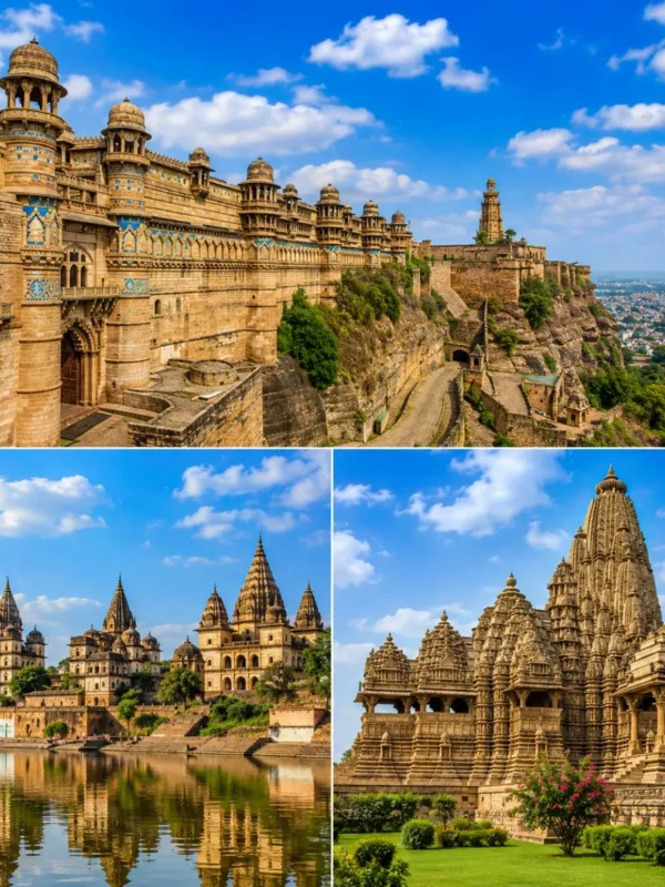 Gwalior Orchha Khajuraho Tour Package featuring Gwalior Fort, Orchha Fort Complex, Raja Ram Temple and Khajuraho Temples.